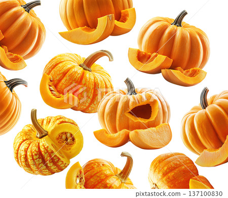 Set of vibrant orange decorative pumpkins with textured skin and water droplets on white background, concept of autumn harvest 137100830