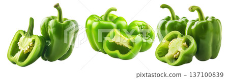 Whole green bell pepper with a sliced half showing seeds and texture, isolated on white transparent background. Whole green bell pepper with a sliced half showing seeds and texture, isolated on white transparent background. 137100839