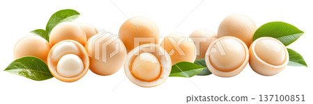 Whole and halved longan fruits with juicy translucent flesh and green leaves isolated on white background Whole and halved longan fruits with juicy translucent flesh and green leaves isolated on white background 137100851
