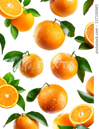 Whole and halved fresh oranges with green leaves, isolated on white background, concept of freshness and healthy food 137100865