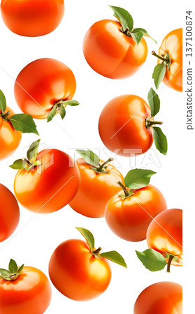 Multiple ripe orange persimmons with green leaves isolated on white background, concept of organic healthy food 137100874