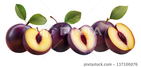 Juicy red and purple plums with green leaves and water droplets on white background, concept of freshness and healthy food 137100876