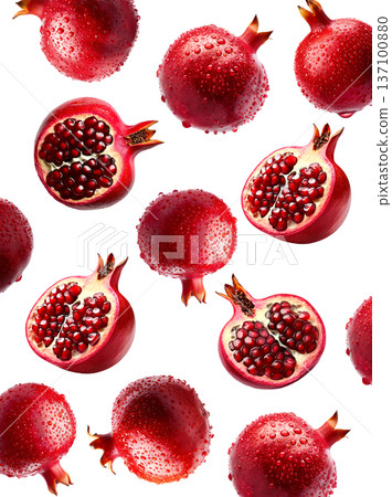 Multiple fresh red pomegranates with water droplets in a seamless pattern, isolated on a white background, concept of freshness 137100880