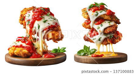 Australia breaded chicken Parmigiana cutlet topped with tomato sauce, melted cheese, and herbs isolated on white background 137100883