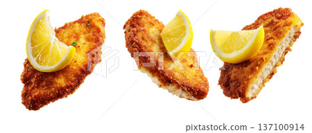 Milanesa breaded beef chicken schnitzel or cutlet with fresh lemon wedge, isolated on white background, South American Cuisine Milanesa breaded beef chicken schnitzel or cutlet with fresh lemon wedge, isolated on white background, South American Cuisine 137100914
