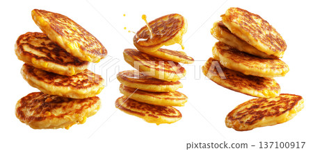 Cachapas sweet corn pancakes flying in air, isolated on white background, concept of South American cuisine Cachapas sweet corn pancakes flying in air, isolated on white background, concept of South American cuisine 137100917