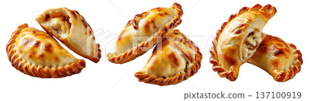Argentina and Uruguay empanadas stacked in a pyramid, golden baked crust, meat and potato filling, isolated on white background Argentina and Uruguay empanadas stacked in a pyramid, golden baked crust, meat and potato filling, isolated on white background 137100919