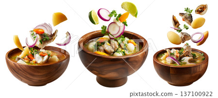 Ecuador encebollado fish seafood soup with onion, yuca, egg and herbs flying from wooden bowl, isolated on white background Ecuador encebollado fish seafood soup with onion, yuca, egg and herbs flying from wooden bowl, isolated on white background 137100922