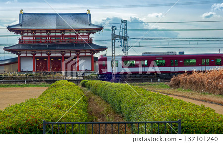 Heijo Palace Remains / Suzakumon and Kintetsu Railway in Winter Heijo Palace Remains / Suzakumon and Kintetsu Railway in Winter 137101240