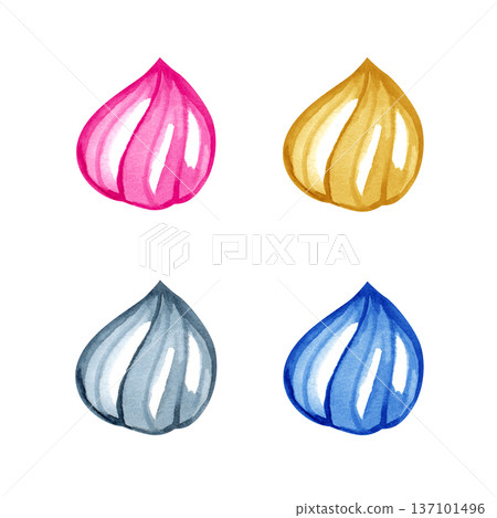 Hand-painted watercolor set featuring four swirls of whipped cream or meringue in pink, gold, silver, and blue. These textured confectionery drops are perfect for bakery branding, dessert menus, and Hand-painted watercolor set featuring four swirls of whipped cream or meringue in pink, gold, silver, and blue. These textured confectionery drops are perfect for bakery branding, dessert menus, and 137101496