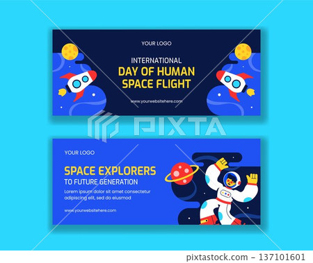 International Day Of Human Space Flight Horizontal Banner Flat Cartoon Background 137101601