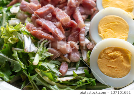 Dandelion salad with hard boiled eggs and bacon, diuretic, vitamin, healthy food Dandelion salad with hard boiled eggs and bacon, diuretic, vitamin, healthy food 137101691