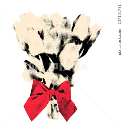 Spring flowers tied with red ribbon bow halftone collage element Cut out tulips clipping sticker, clip art. Modern retro grunge mixed media vector illustration isolated on transparent background Spring flowers tied with red ribbon bow halftone collage element Cut out tulips clipping sticker, clip art. Modern retro grunge mixed media vector illustration isolated on transparent background 137101751