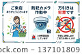 Shoplifting prevention poster, security camera in operation, 24-hour recording, store security warning sign illustration 137101809