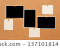 Blank paper notes and an empty photo are pinned to a cork board. The concept of detective investigation or a webinar. 137101814