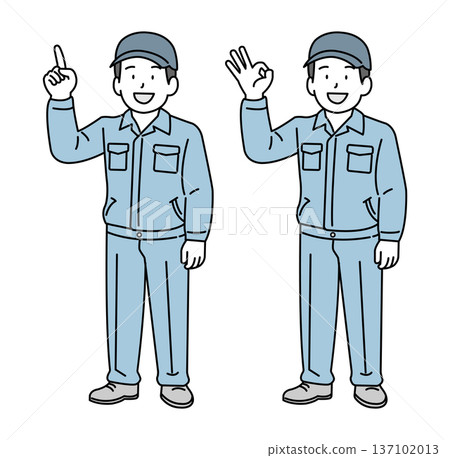 工人做出「OK」手勢並指向，全身 137102013