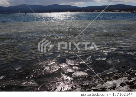 Ice formed on Lake Yamanakako in the winter, in yamanashi Japan Ice formed on Lake Yamanakako in the winter, in yamanashi Japan 137102144