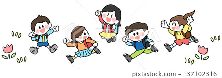 Illustration of children carrying school bags running side by side 137102316