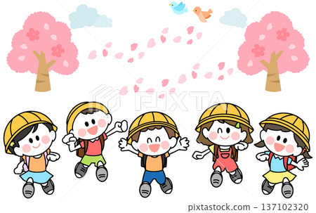 Illustration of children smiling and carrying their school bags 137102320