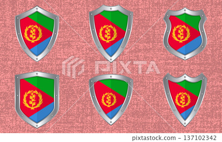 Set of metal shields with the Eritrean flag Set of metal shields with the Eritrean flag 137102342