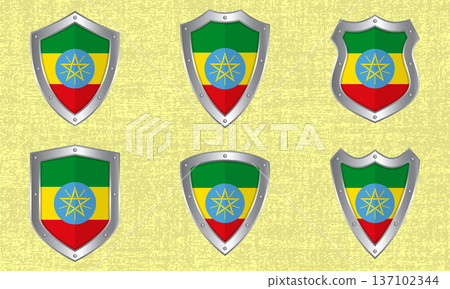 Set of metal shields with the Ethiopian flag 137102344