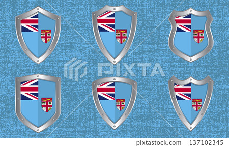 Set of metal shields with the Fiji flag Set of metal shields with the Fiji flag 137102345
