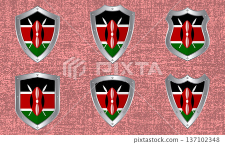 Set of metal shields with the Kenyan flag Set of metal shields with the Kenyan flag 137102348