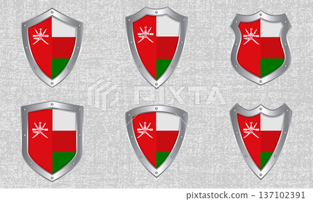 Set of metal shields with the Omani flag Set of metal shields with the Omani flag 137102391