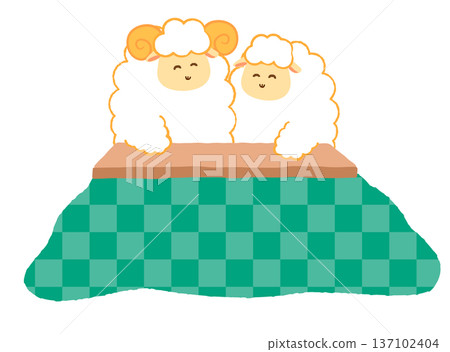 A pair of sheep relaxing together around a kotatsu. A warm winter indoor scene and the animals of the Chinese zodiac. A pop, hand-drawn style. 137102404