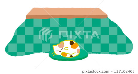 一幅可愛的三色貓蜷縮在被爐裡睡覺的插畫。動物元素象徵冬日裡的溫馨與放鬆。手繪風格，流行風格。 137102405