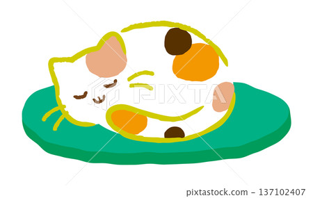 一隻可愛的三色貓蜷縮在靠墊上睡覺。一隻溫馴的貓咪形象,搭配綠色靠墊。向量圖。 一隻可愛的三色貓蜷縮在靠墊上睡覺。一隻溫馴的貓咪形象,搭配綠色靠墊。向量圖。 137102407