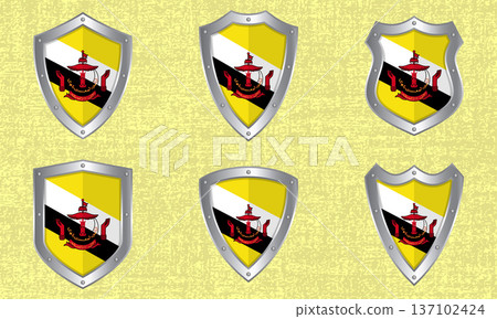 Set of metal shields with the Brunei flag Set of metal shields with the Brunei flag 137102424