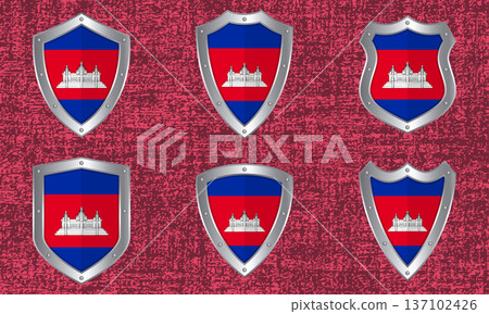 Set of metal shields with the Cambodian flag 137102426