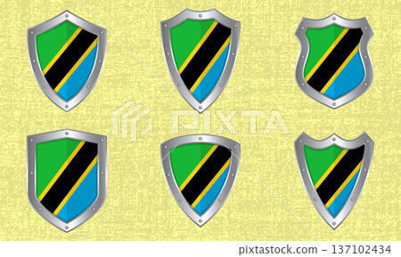 Set of metal shields with the Tanzanian flag Set of metal shields with the Tanzanian flag 137102434