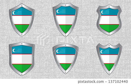 Set of metal shields with the Uzbekistan flag Set of metal shields with the Uzbekistan flag 137102440