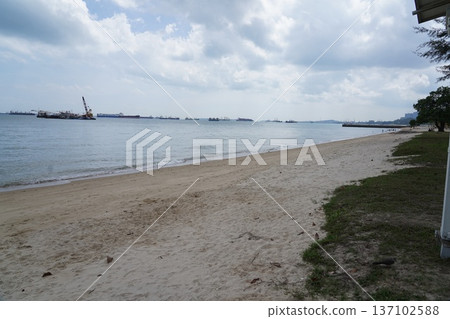 Calm Beach Day with Distant Ships and Cloudy Skies Calm Beach Day with Distant Ships and Cloudy Skies 137102588