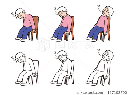 一組描繪老年婦女在椅子上睡著的插圖,涉及帕金森氏症和護理、側彎和前傾姿勢。 一組描繪老年婦女在椅子上睡著的插圖,涉及帕金森氏症和護理、側彎和前傾姿勢。 137102700