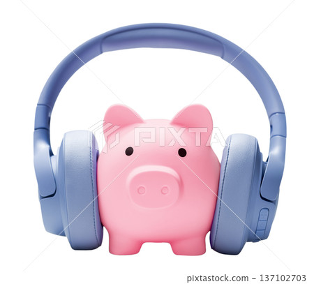 Piggy bank with headphones isolated on transparent background 137102703