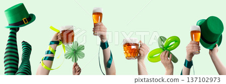 Hands raising beer mugs shamrocks and green top hat for St. Patricks Day. Festive Irish celebration with clovers and party toast. Holiday cheer and luck concept in vibrant green theme. photography 137102973