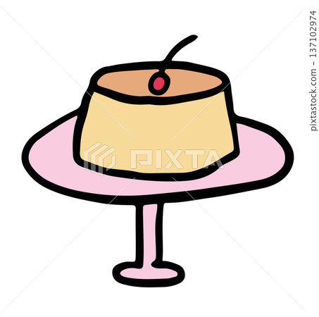 Hand drawn pudding with cherry for sweet dessert, cafe, restaurant, menu, recipe, sticker, department store, supermarket, market, cute patch, office snack, lunch break, sugar, diet, vegan 137102974