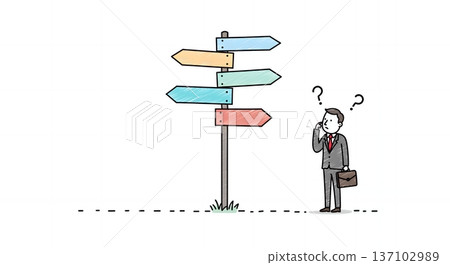 Illustration of a businessman who is confused and unable to decide which way to go at a fork in the road 137102989