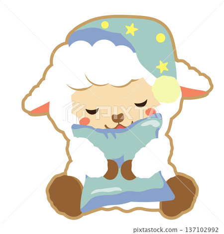 一隻毛絨綿羊抱著枕頭睡覺的插圖 一隻毛絨綿羊抱著枕頭睡覺的插圖 137102992