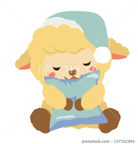 一隻米色毛絨綿羊睡在墊子上的插圖 137102993