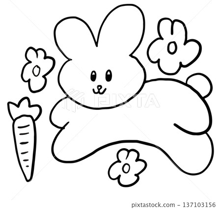 Hand drawn outline of bunny doll, flowers, carrot for colouring book, cartoon characters, comic, mascot, patch, rabbit drawing, animal, pet shop, vet, sticker, zoo, souvenir shop, pin, brooch, easter 137103156