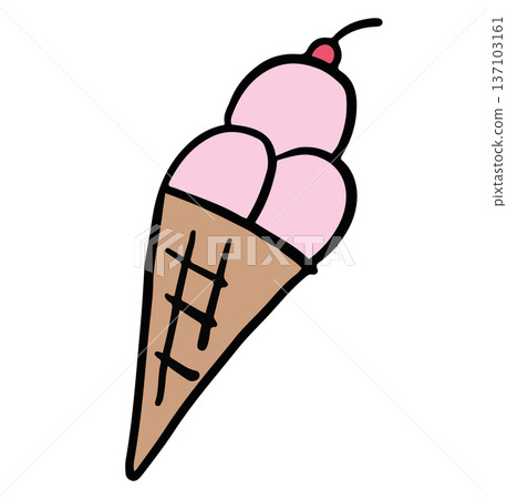 Hand drawn strawberry ice cream cone with cherry for sweet dessert, cafe, restaurant, menu, recipe, sticker, department store, supermarket, market, cute patch, office snack, lunch break, sugar, diet 137103161