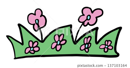 Hand drawn pink flowers with green grass for nature, garden, tree, plants, blossom, blooming, park, picnic, home yard, sticker, cartoon, floral print, decoration, patch, tattoo, icon, fabric print 137103164