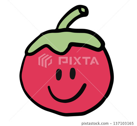 Hand drawn smiling tomato illustration for vegetable, breakfast, lunch, cafe, restaurant, menu, recipe, smoothie, juice drink, vegan, brooch, grocery shopping, supermarket, mart, icon, ingredients 137103165