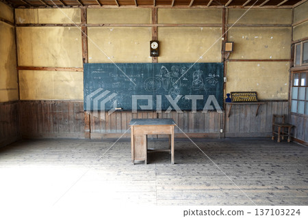 The interior of a retro wooden school building from a former elementary school on display at the roadside station The interior of a retro wooden school building from a former elementary school on display at the roadside station 137103224