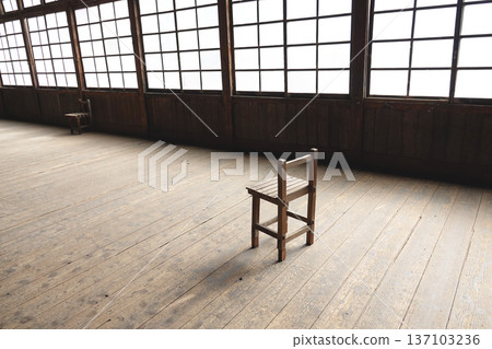 The interior of a retro wooden school building from a former elementary school on display at the roadside station 137103236