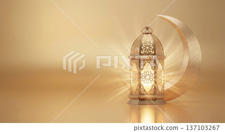 Elegant lantern and crescent moon in golden light 137103267